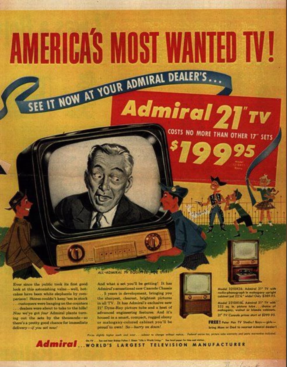 Propaganda antiga da televisão Admiral de 21 polegadas