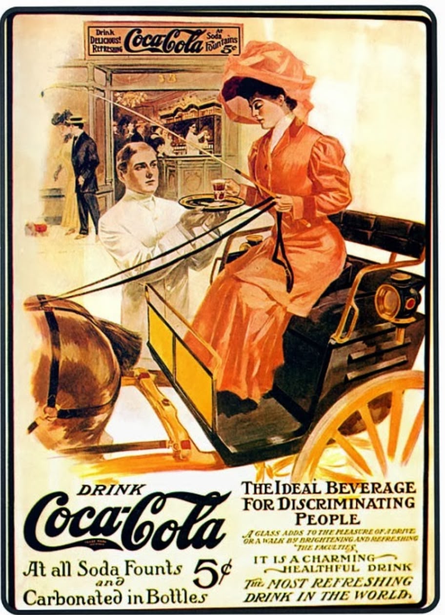 Propaganda antiga da Coca-Cola com uma mulher elegante sendo servida em uma carruagem