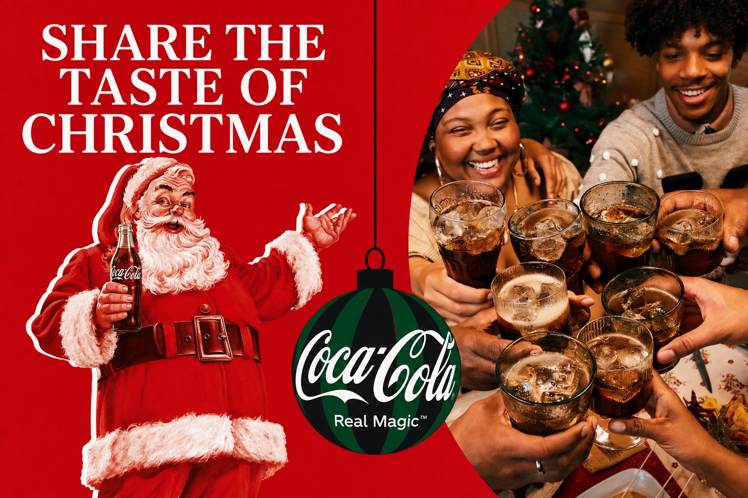 Campanha atual da Coca-Cola de Natal com Papai Noel e amigos brindando